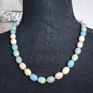 Vtg Pastel Purple Pink Green Blue Gold Streaked Egg Shaped Beads 18" Necklace